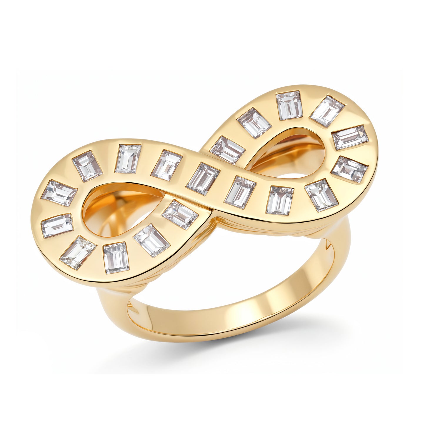 Sig Ward Jewelry Gold infinity ring with rectangle shape diamond accents on a white background