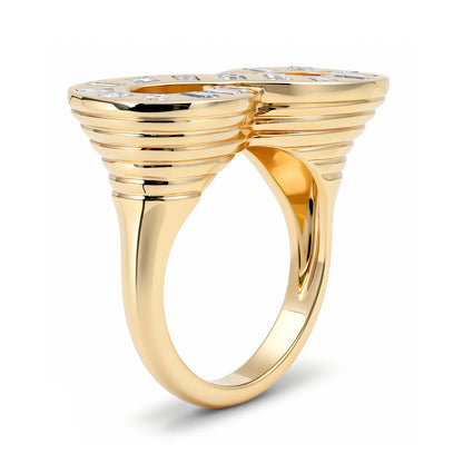 Sig Ward Jewelry 14K Yellow Jumbo Baguette Infinity Symbol Ring with rectangle shape Diamond side view on white background
