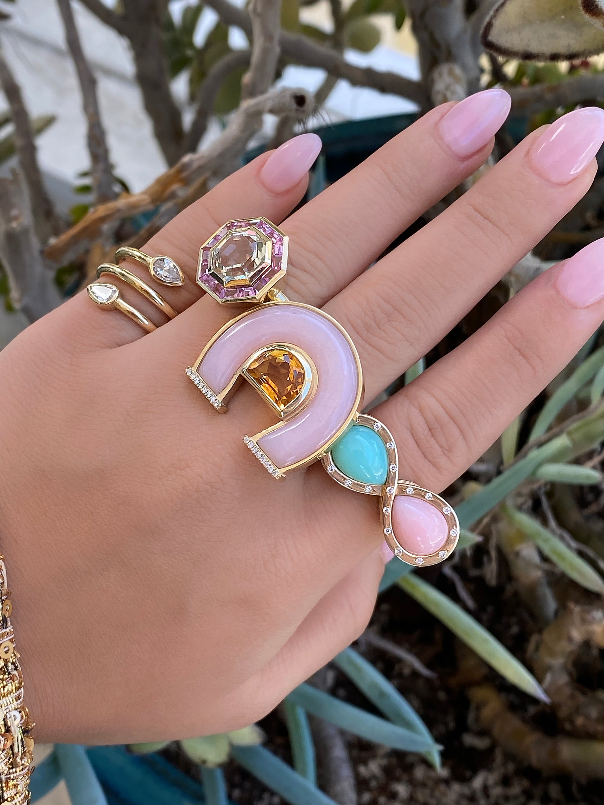 Sig Ward Jewelry 14K yellow gold Jumbo Citrine, Pink Opal and Diamond Horseshoe Ring featuring natural jumbo citrine, pink opal, and diamond accents in a handcrafted luxury fine jewelry design inspired by modern heirlooms and the symbolic horseshoe motif.
