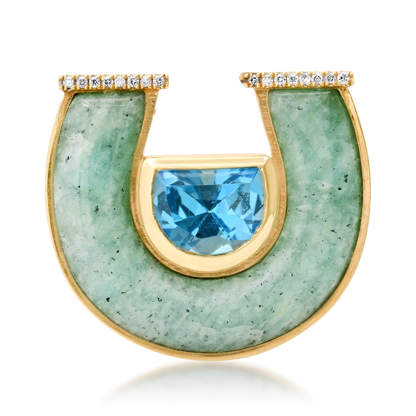 Sig Ward Jewelry 14K yellow gold Jumbo Topaz, Amazonite and Diamond Horseshoe Ring featuring natural jumbo topaz, amazonite, and diamond accents, handcrafted luxury fine jewelry with the signature horseshoe motif and a modern heirloom-inspired design.