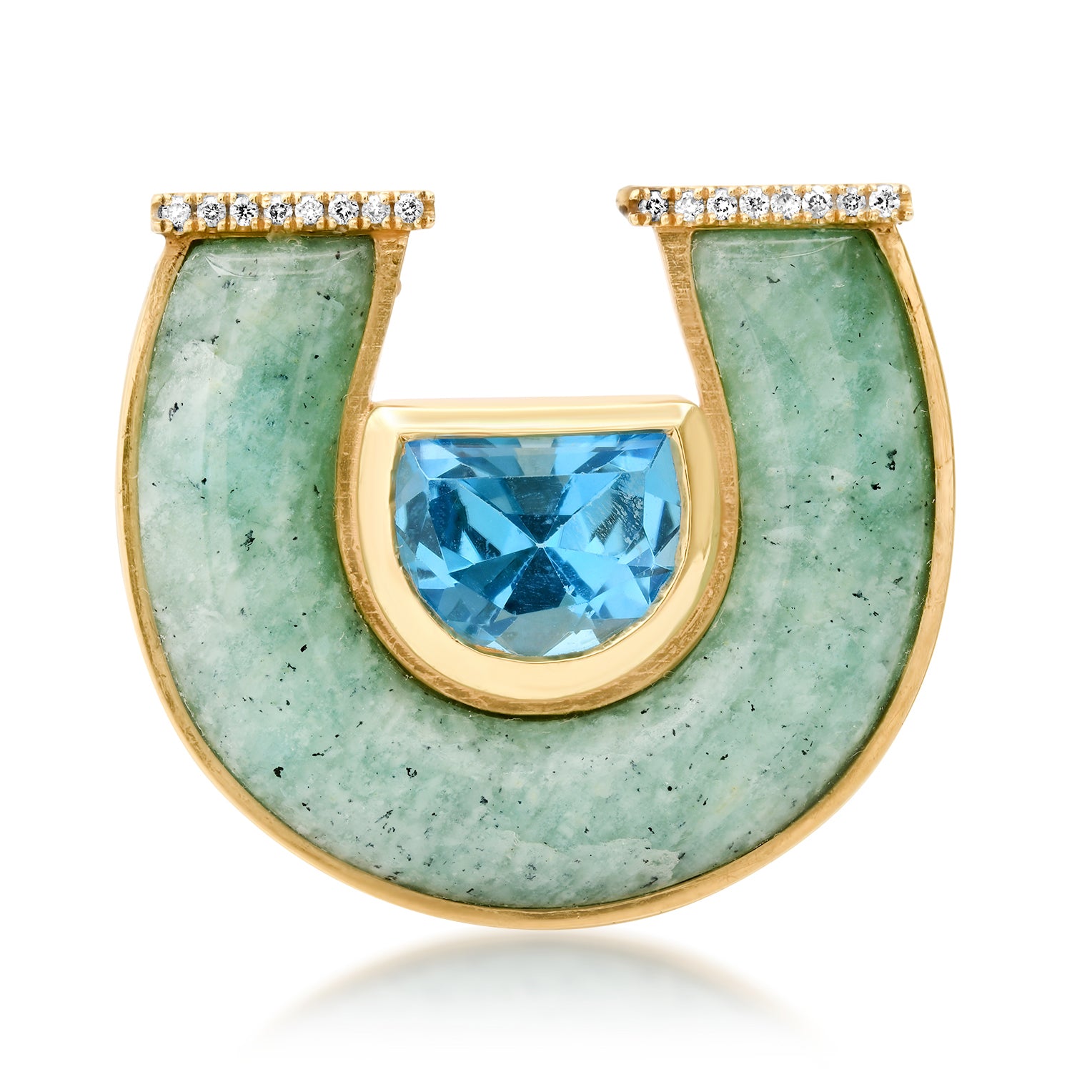 Sig Ward Jewelry 14K yellow gold Jumbo Topaz, Amazonite and Diamond Horseshoe Ring featuring natural jumbo topaz, amazonite, and diamond accents, handcrafted luxury fine jewelry with the signature horseshoe motif and a modern heirloom-inspired design.