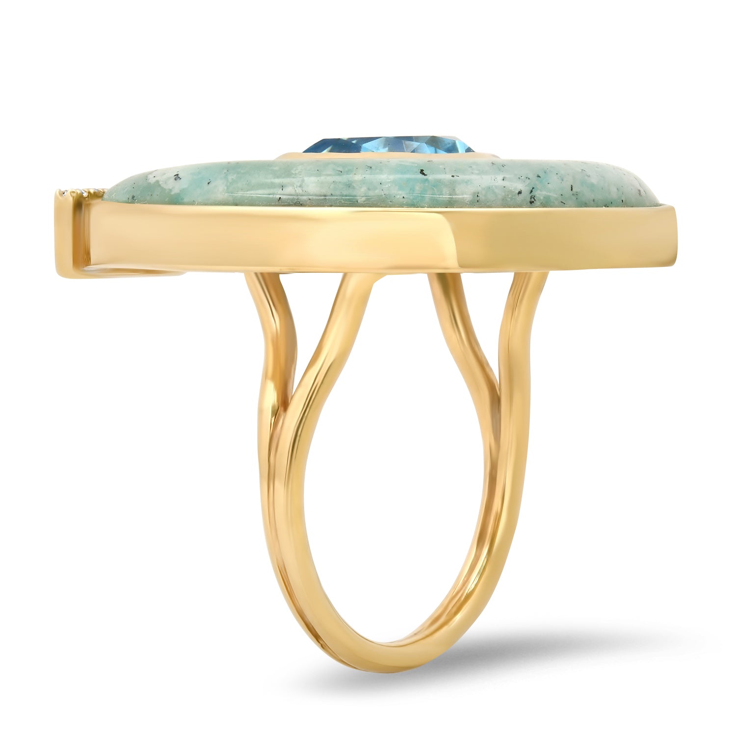 Sig Ward Jewelry 14K yellow gold Jumbo Topaz, Amazonite and Diamond Horseshoe Ring featuring natural jumbo topaz, amazonite, and diamond accents in a handcrafted luxury fine jewelry design inspired by modern heirlooms and the iconic horseshoe motif.
