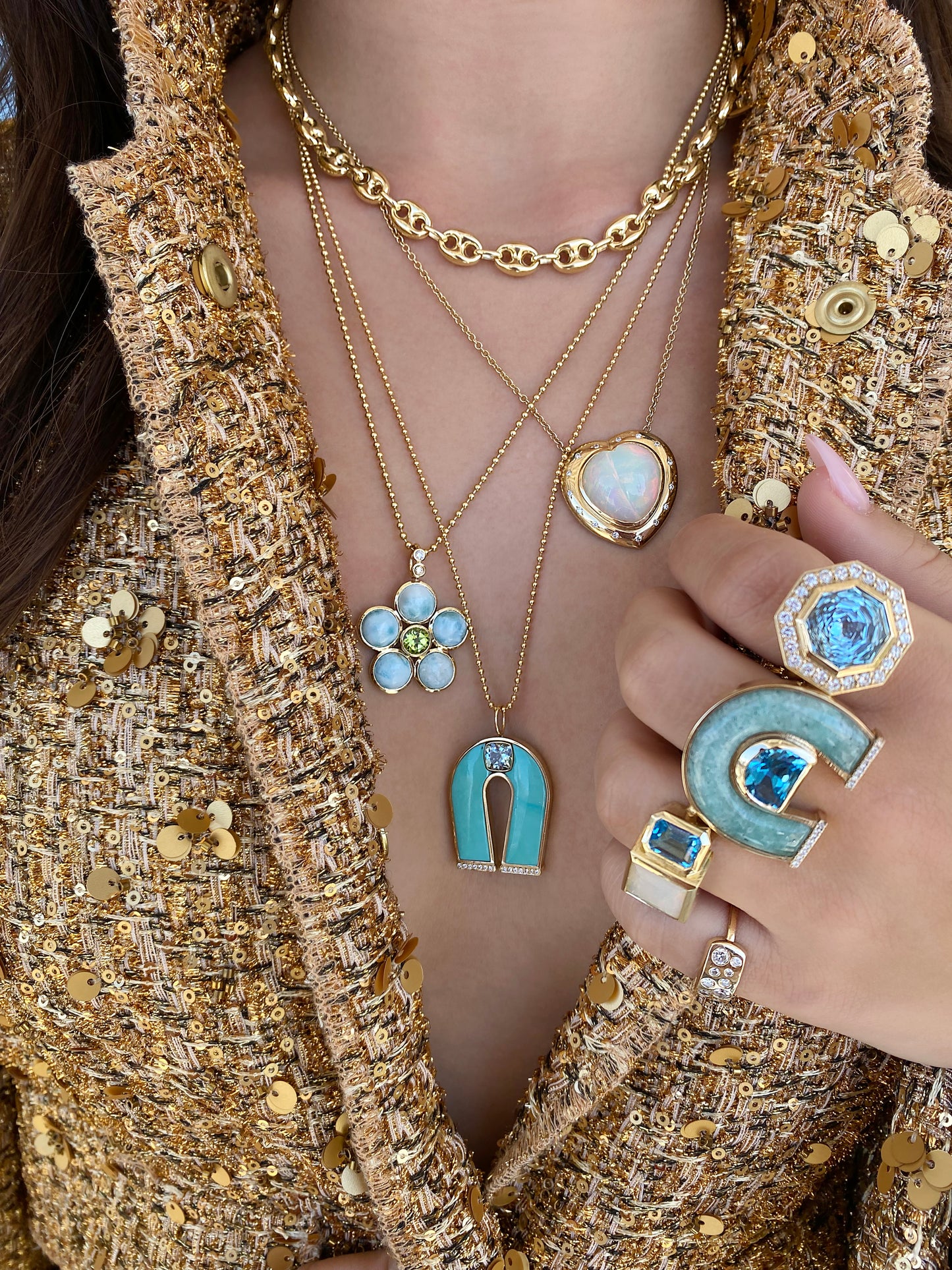 Sig Ward Jewelry 14K yellow gold Jumbo Topaz, Amazonite and Diamond Horseshoe Ring featuring natural jumbo topaz, amazonite, and diamond accents in a handcrafted luxury fine jewelry design inspired by modern heirlooms and the symbolic horseshoe motif.
