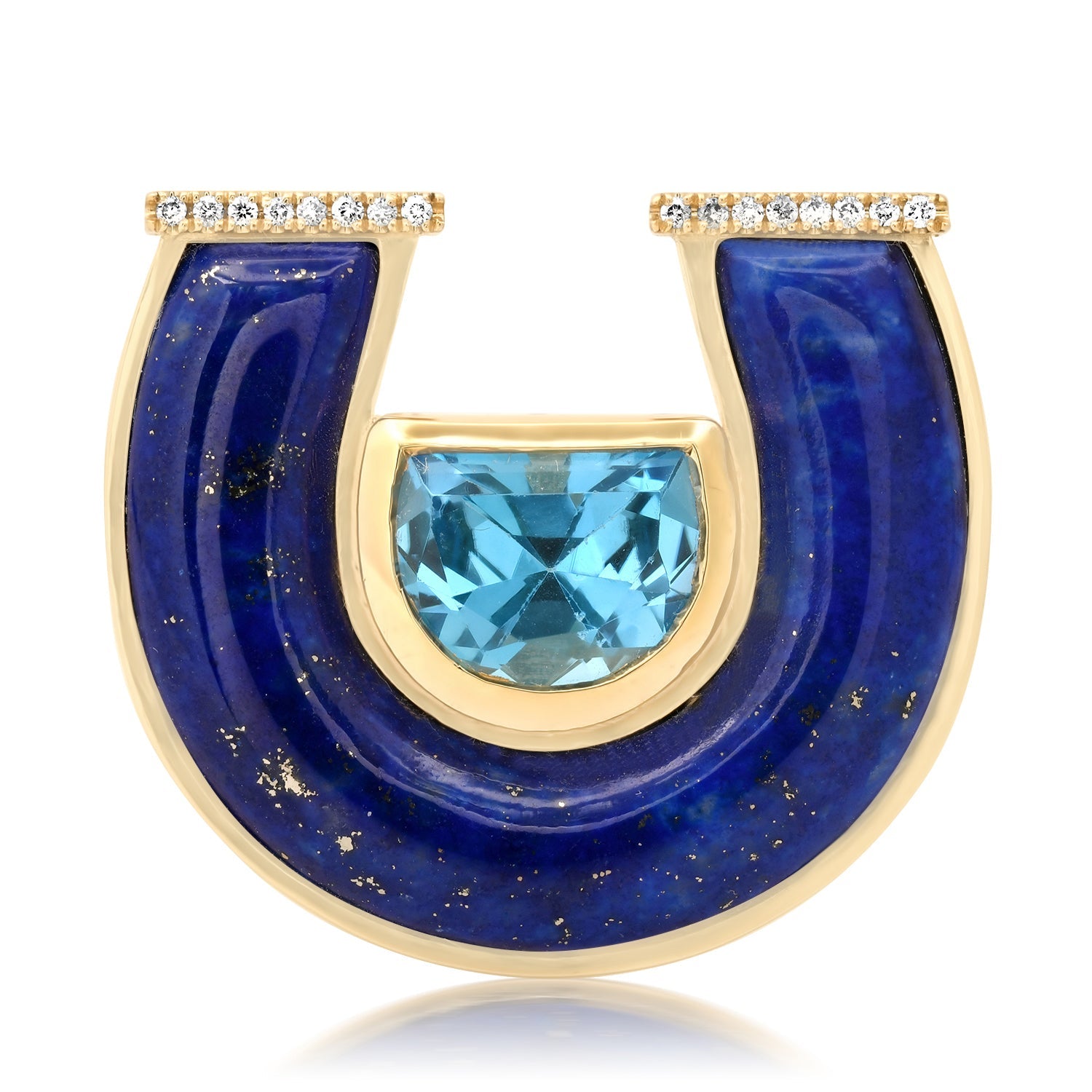 Sig Ward Jewelry 14K yellow gold Jumbo Topaz, Lapis and Diamond Horseshoe Ring featuring natural jumbo topaz, lapis, and diamond accents, handcrafted luxury fine jewelry with a signature horseshoe motif inspired by modern heirloom designs.