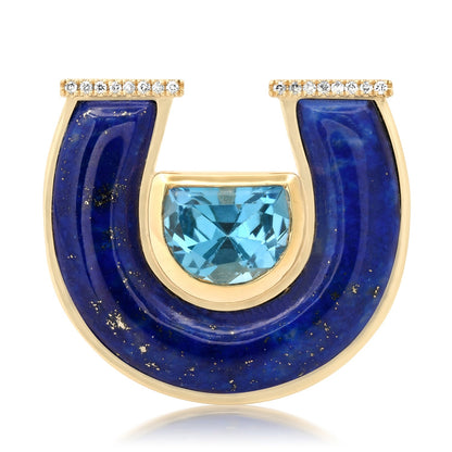 Sig Ward Jewelry 14K yellow gold Jumbo Topaz, Lapis and Diamond Horseshoe Ring featuring natural jumbo topaz, lapis, and diamond accents, handcrafted luxury fine jewelry with a signature horseshoe motif inspired by modern heirloom designs.