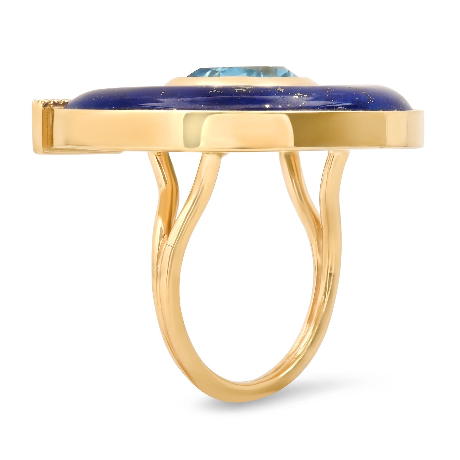 Sig Ward Jewelry 14K yellow gold Jumbo Topaz, Lapis and Diamond Horseshoe Ring featuring natural jumbo topaz, lapis, and diamond accents in a handcrafted luxury fine jewelry design inspired by modern heirlooms and the symbolic horseshoe motif.