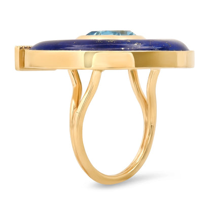 Sig Ward Jewelry 14K yellow gold Jumbo Topaz, Lapis and Diamond Horseshoe Ring featuring natural jumbo topaz, lapis, and diamond accents in a handcrafted luxury fine jewelry design inspired by modern heirlooms and the symbolic horseshoe motif.