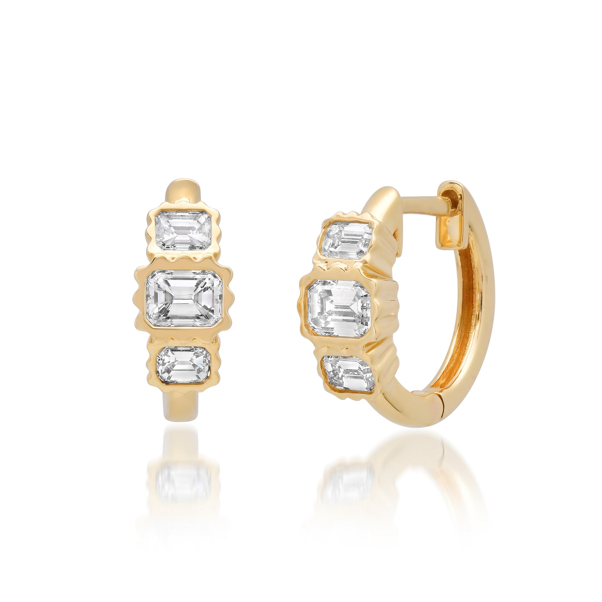 Front view of the Sig Ward Jewelry 14K Yellow Gold Laine Emerald Cut Diamond Huggies featuring emerald-cut diamonds in a refined huggie design that offers timeless elegance and everyday sophistication.