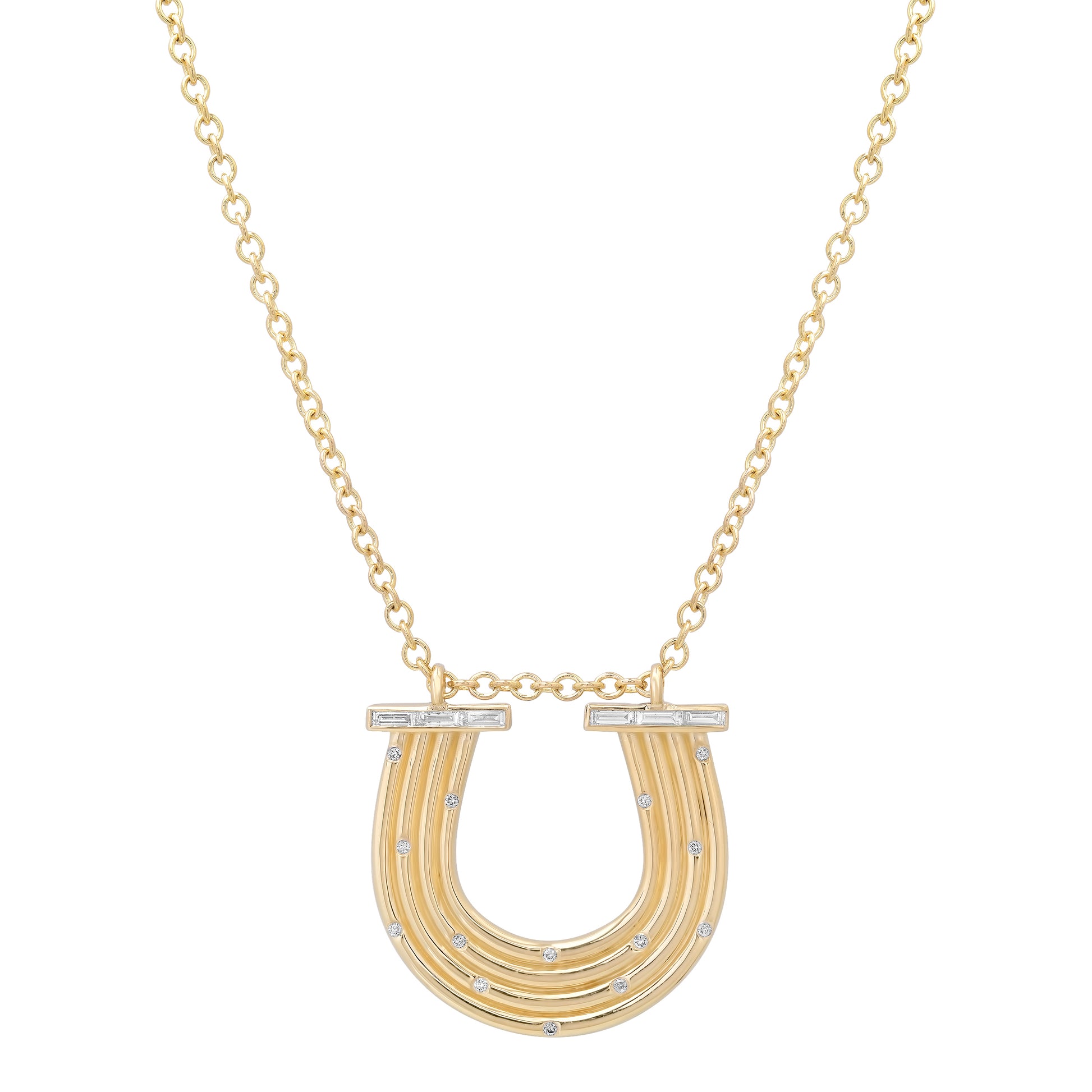 Close-up view of the 14K yellow gold Large Slim Reeded Baguette Diamond Horseshoe Necklace by Sig Ward Jewelry, showcasing natural baguette and round diamond accents, refined reeded detailing, and an elegant horseshoe pendant design.