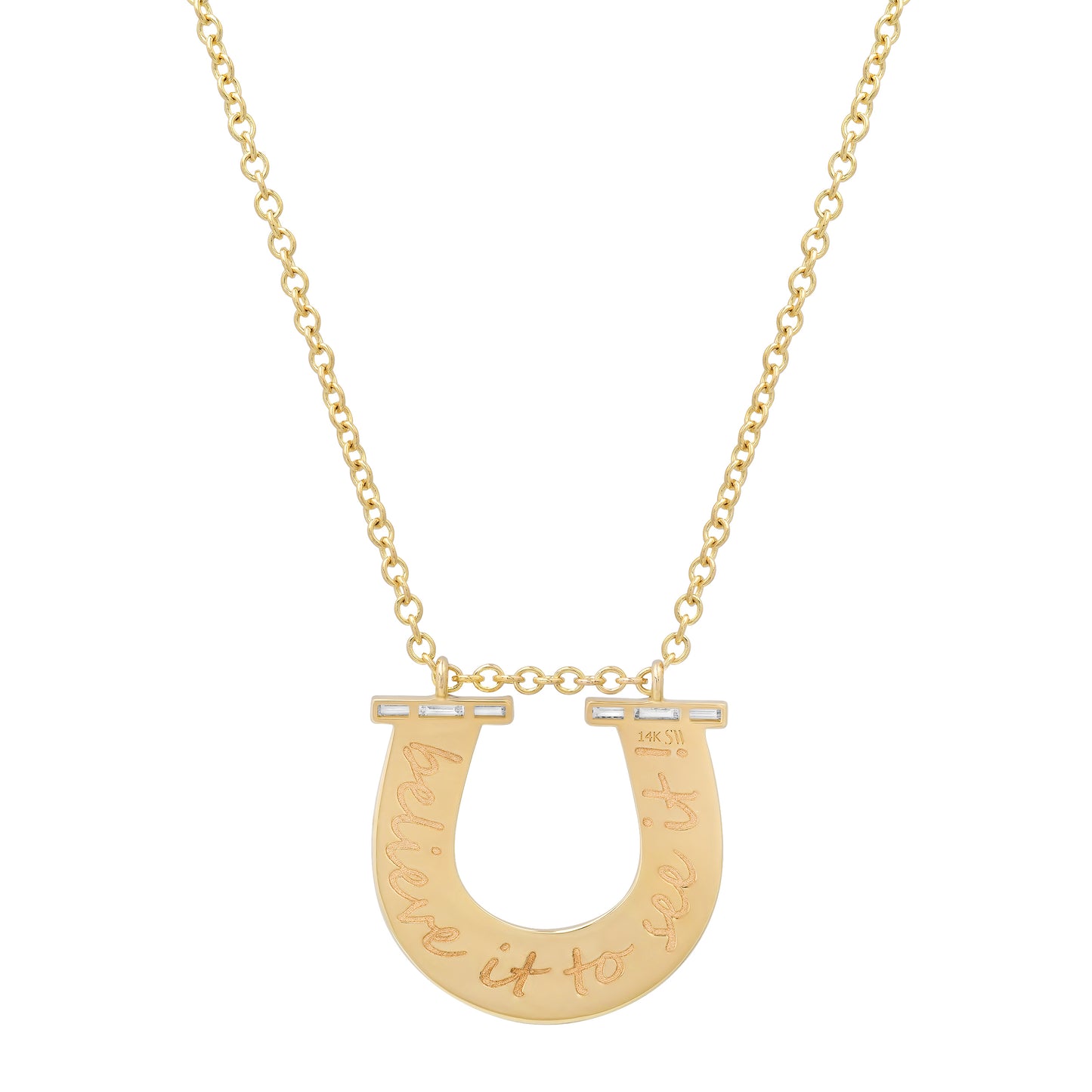 Close-up view of the 14K yellow gold Large Slim Reeded Baguette Diamond Horseshoe Necklace by Sig Ward Jewelry, showcasing natural baguette and round diamond accents, refined reeded detailing, and an elegant horseshoe pendant design.