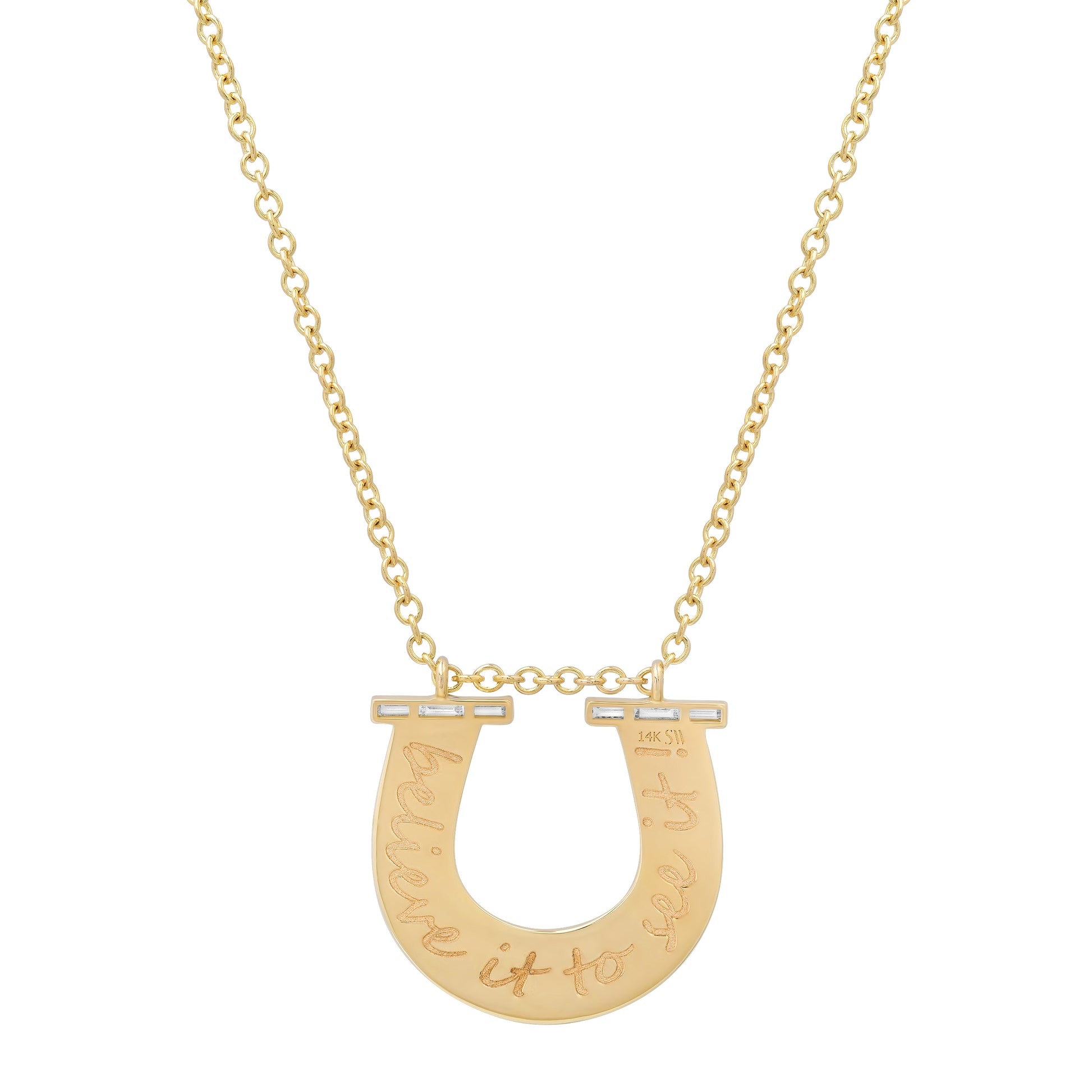 Close-up view of the 14K yellow gold Large Slim Reeded Baguette Diamond Horseshoe Necklace by Sig Ward Jewelry, showcasing natural baguette and round diamond accents, refined reeded detailing, and an elegant horseshoe pendant design.