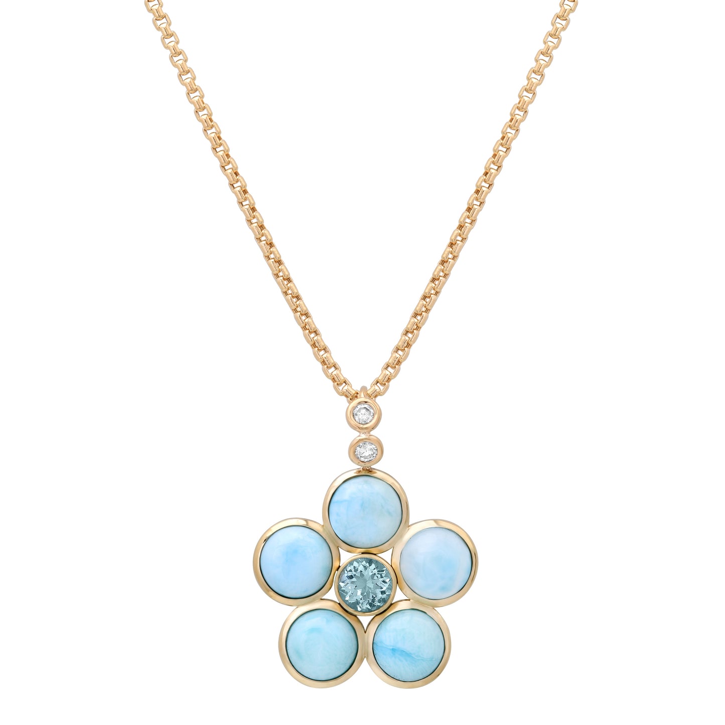14K yellow gold Larimar, Aquamarine, and Diamond Blossom Necklace by Sig Ward Jewelry, featuring natural larimar, aquamarine, and diamond accents in an elegant floral-inspired pendant design.