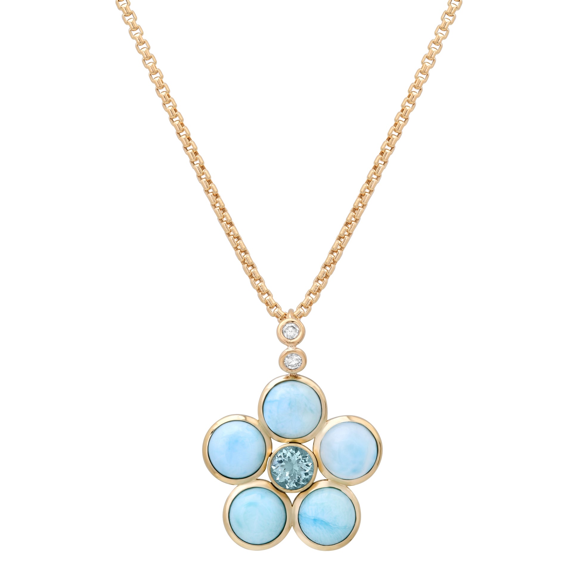 14K yellow gold Larimar, Aquamarine, and Diamond Blossom Necklace by Sig Ward Jewelry, featuring natural larimar, aquamarine, and diamond accents in an elegant floral-inspired pendant design.