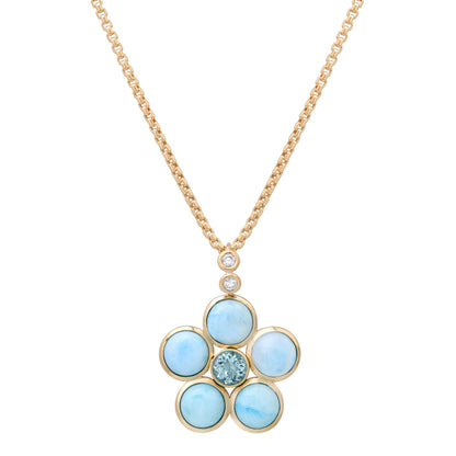 14K yellow gold Larimar, Aquamarine, and Diamond Blossom Necklace by Sig Ward Jewelry, featuring natural larimar, aquamarine, and diamond accents in an elegant floral-inspired pendant design.