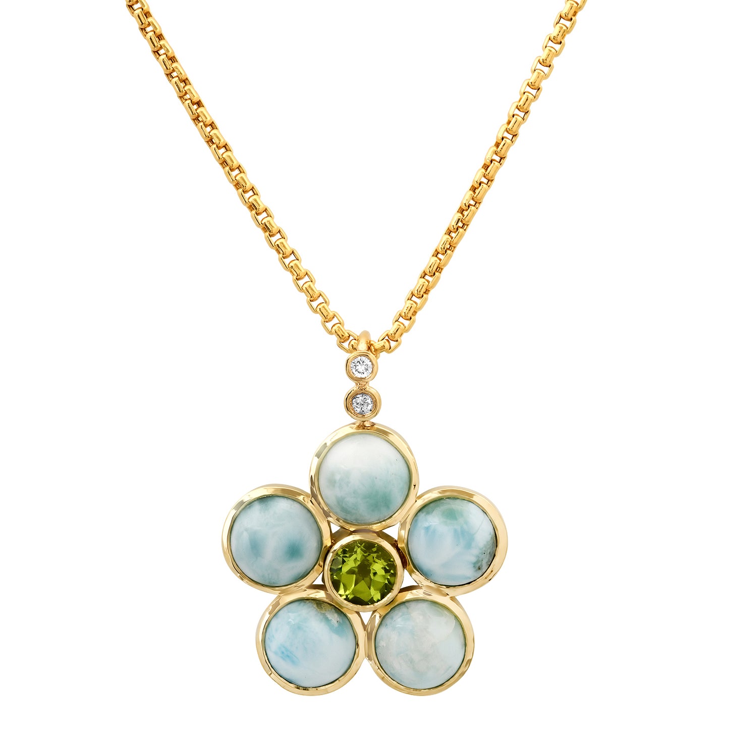 14K YG Larimar, Peridot and Diamond Blossom Necklace by Sig Ward Jewelry lifestyle image showcasing the elegant luxury gemstone necklace design.