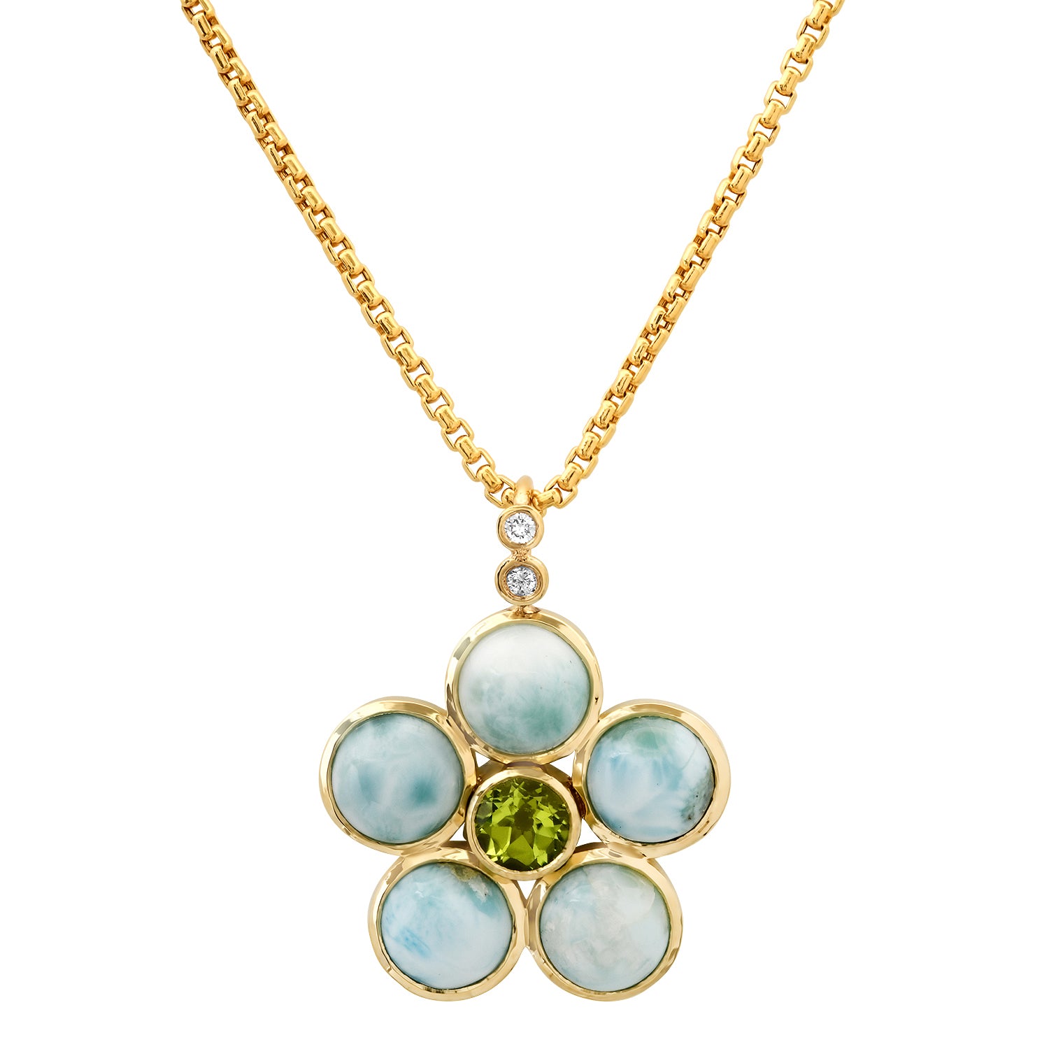 14K YG Larimar, Peridot and Diamond Blossom Necklace by Sig Ward Jewelry lifestyle image showcasing the elegant luxury gemstone necklace design.