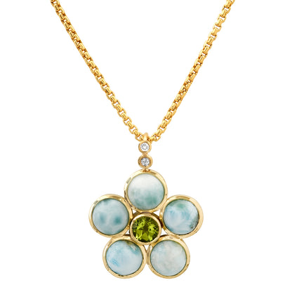 14K YG Larimar, Peridot and Diamond Blossom Necklace by Sig Ward Jewelry lifestyle image showcasing the elegant luxury gemstone necklace design.