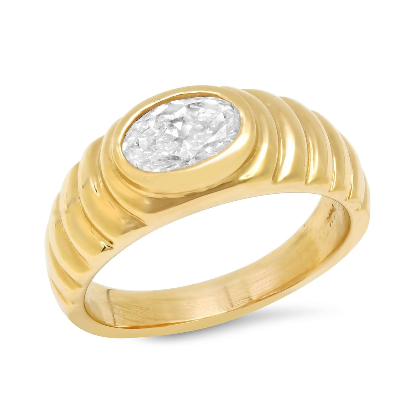Front view of the Sig Ward Jewelry 14K Yellow Gold Lola Oval Diamond Pinky Ring showcasing its elegant oval profile, diamond accents, and polished 14K yellow gold band with a refined contemporary design.