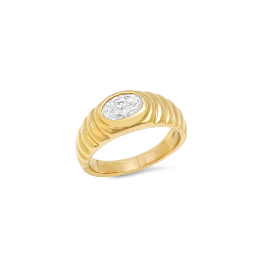 Front view of the Sig Ward Jewelry 14K Yellow Gold Lola Oval Diamond Pinky Ring showcasing its elegant oval profile, diamond accents, and polished 14K yellow gold band with a refined contemporary design.