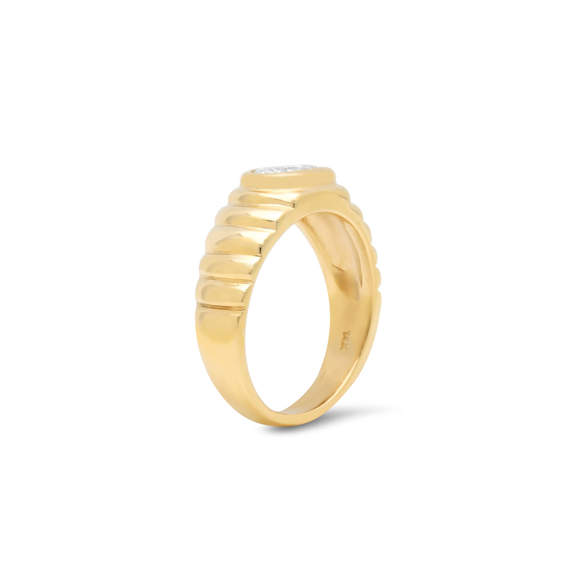 Side view of the Sig Ward Jewelry 14K Yellow Gold Lola Oval Diamond Pinky Ring showcasing its elegant oval profile, diamond accents, and polished 14K yellow gold band with a refined contemporary design.
