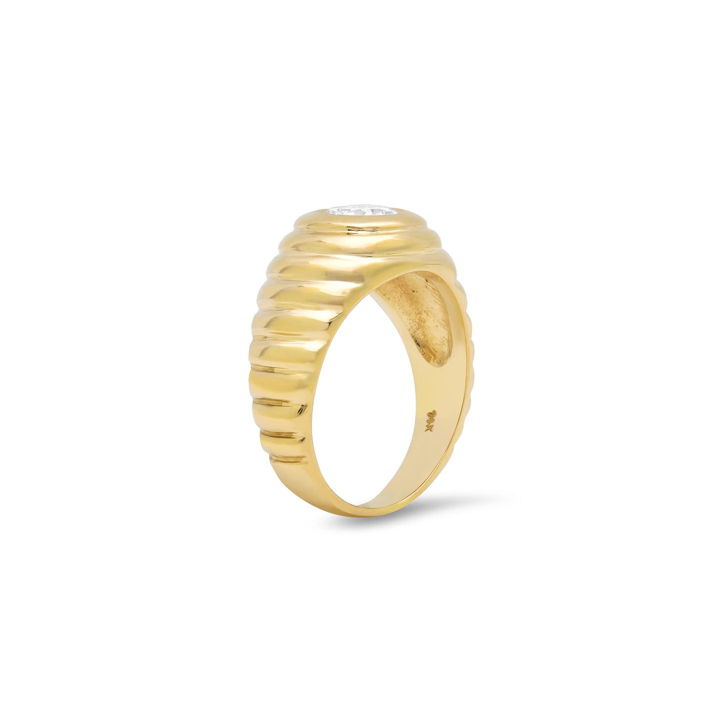 Side view of the Sig Ward Jewelry 14K Yellow Gold Lola Round Diamond Pinky Ring showcasing a polished 14K yellow gold band with a round diamond centerpiece and a sleek, modern profile designed for everyday elegance.