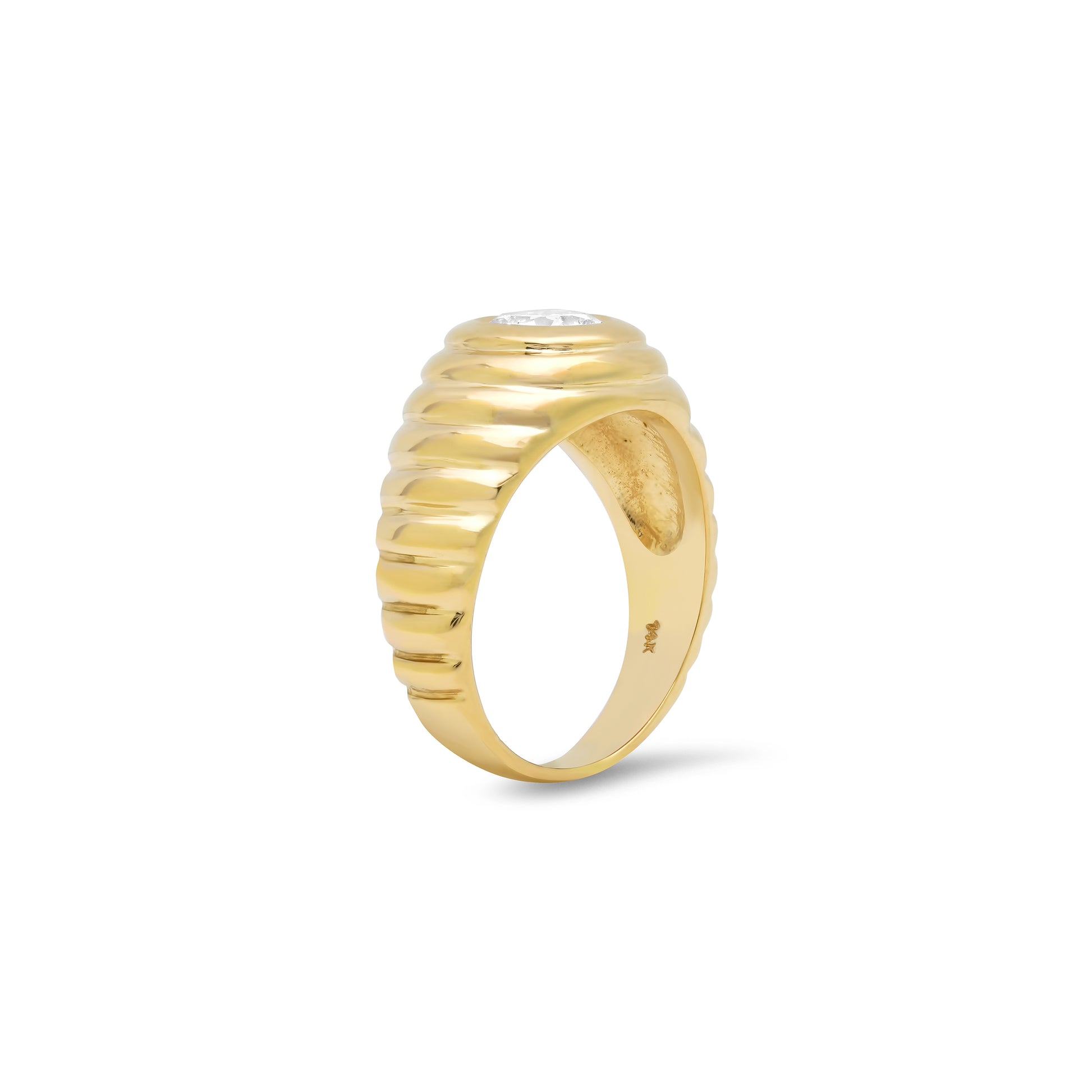 Side view of the Sig Ward Jewelry 14K Yellow Gold Lola Round Diamond Pinky Ring showcasing a polished 14K yellow gold band with a round diamond centerpiece and a sleek, modern profile designed for everyday elegance.