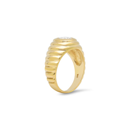 Side view of the Sig Ward Jewelry 14K Yellow Gold Lola Round Diamond Pinky Ring showcasing a polished 14K yellow gold band with a round diamond centerpiece and a sleek, modern profile designed for everyday elegance.