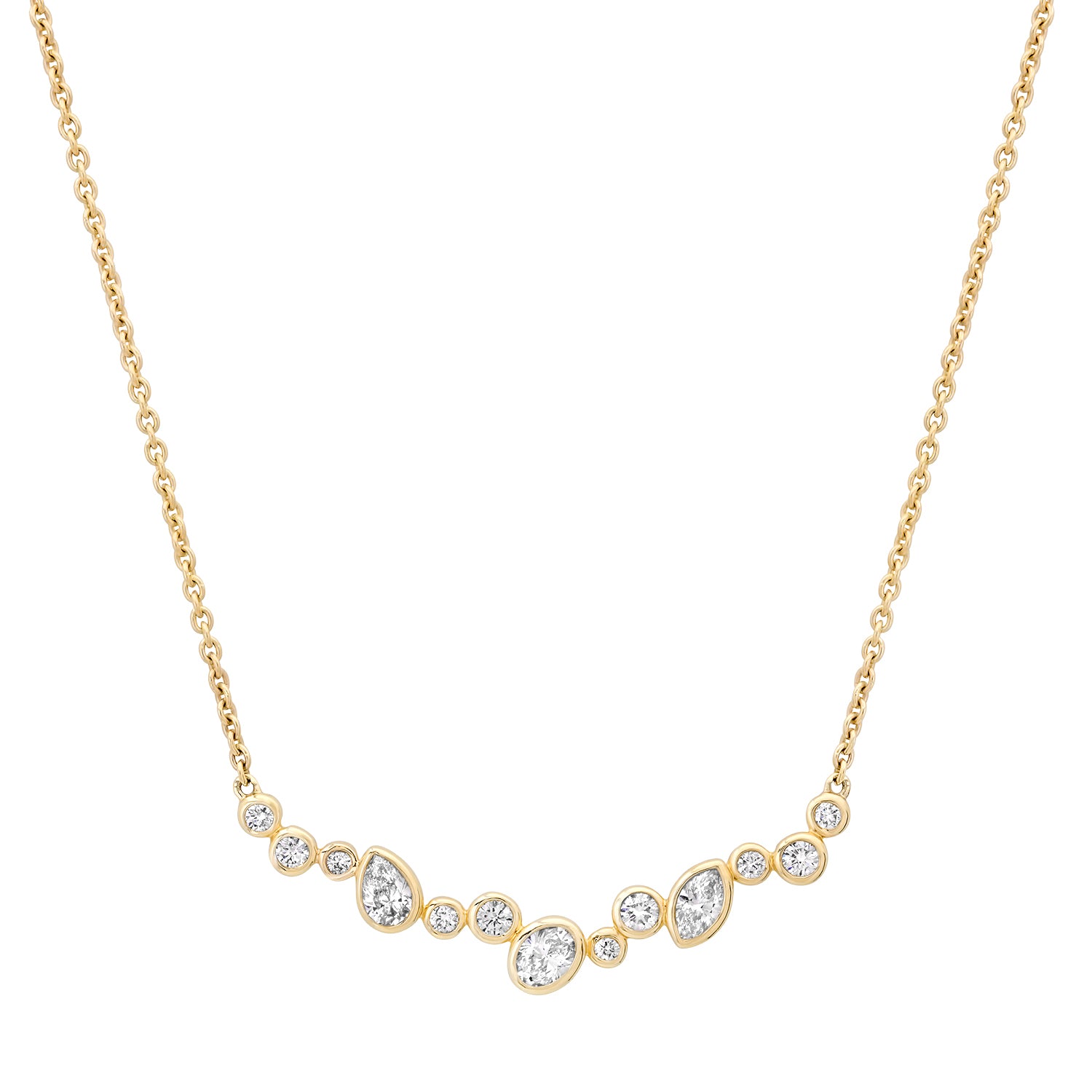 Sig Ward Jewelry 14K YG Lyla Multi Shape Diamond Bib Necklace featuring a graduated arrangement of mixed-shape diamonds in polished yellow gold.