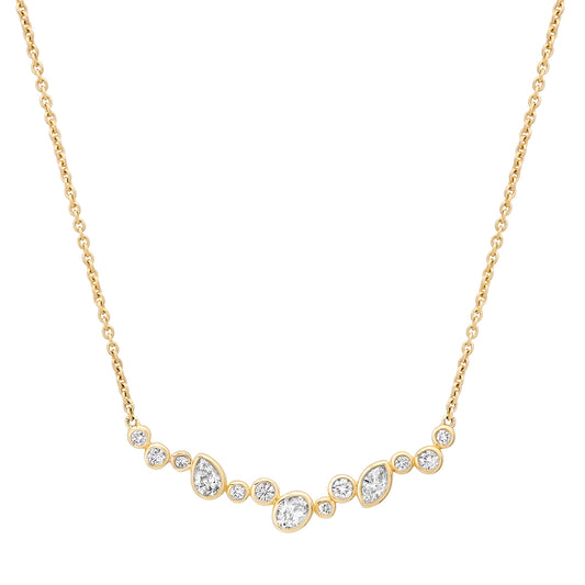 Sig Ward Jewelry 14K YG Lyla Multi Shape Diamond Bib Necklace featuring a graduated arrangement of mixed-shape diamonds in polished yellow gold.