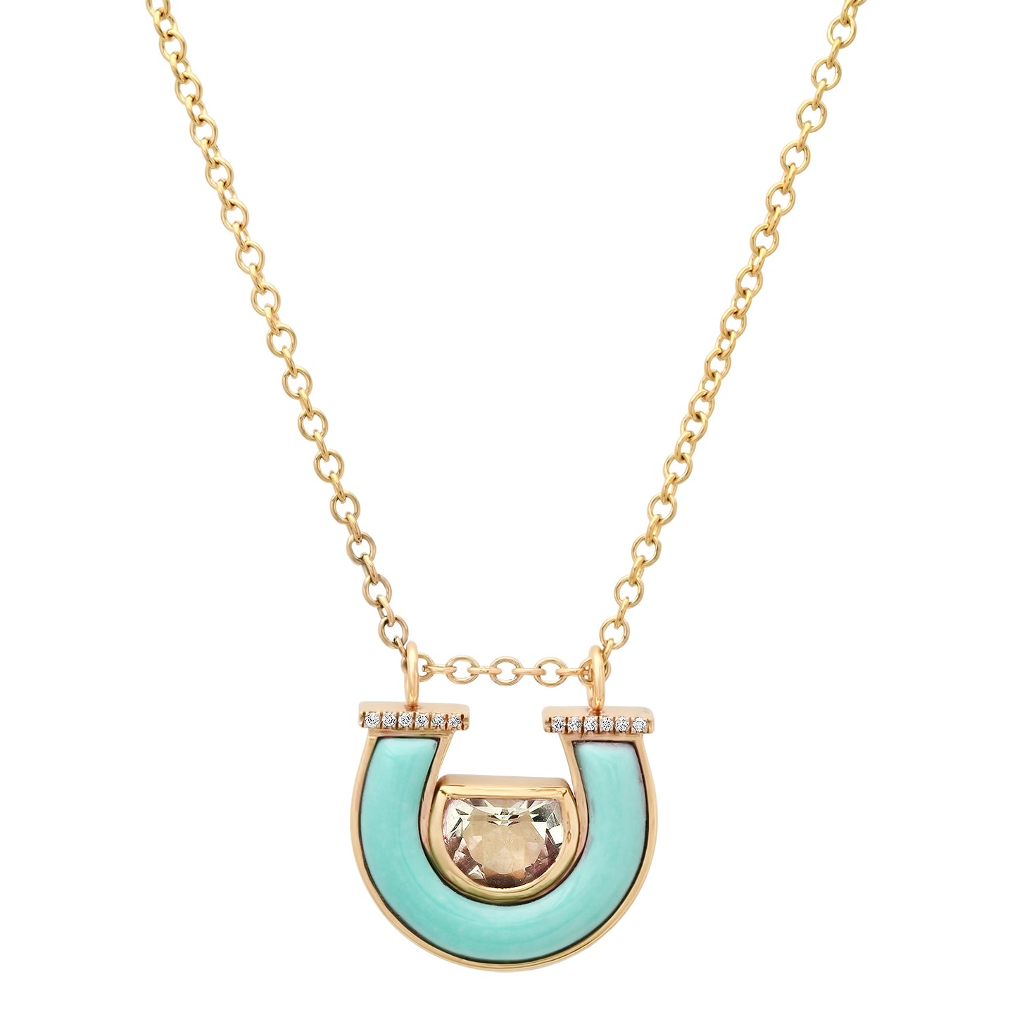 Sig Ward Jewelry 14K Yellow Gold Medium Aquamarine, Turquoise and Diamond Horseshoe Necklace
