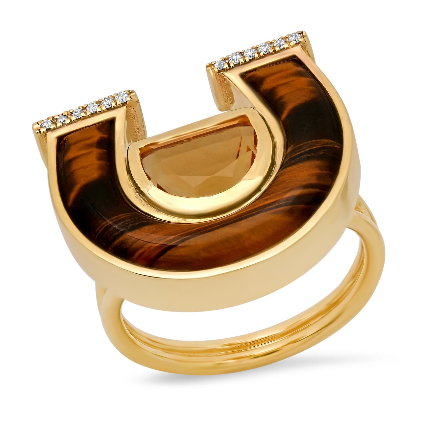 Sig Ward Jewelry 14K Yellow Gold Medium Citrine, Tiger's Eye and Diamond Horseshoe Ring