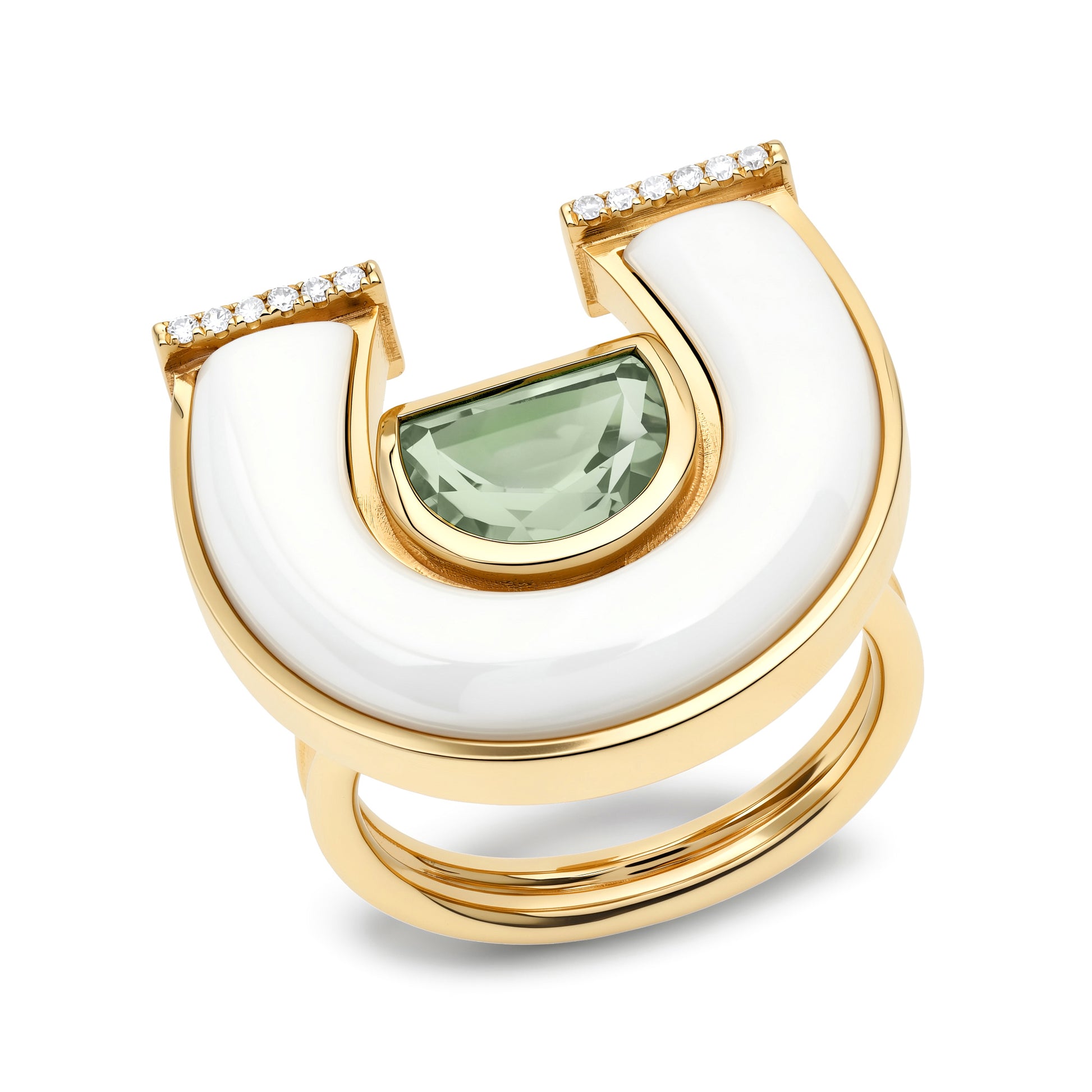 Sig Ward Jewelry Horseshoe Ring With Prasolite, White Mother of Pearl and Diamonds front view