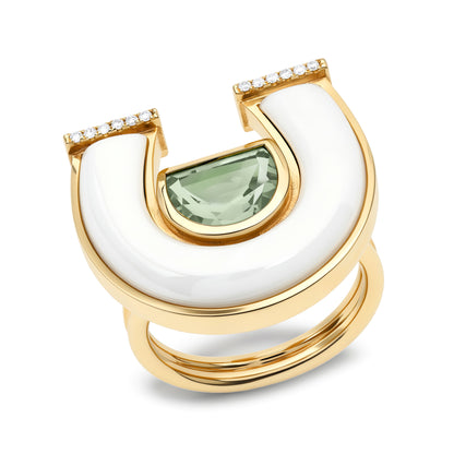 Sig Ward Jewelry Horseshoe Ring With Prasolite, White Mother of Pearl and Diamonds front view