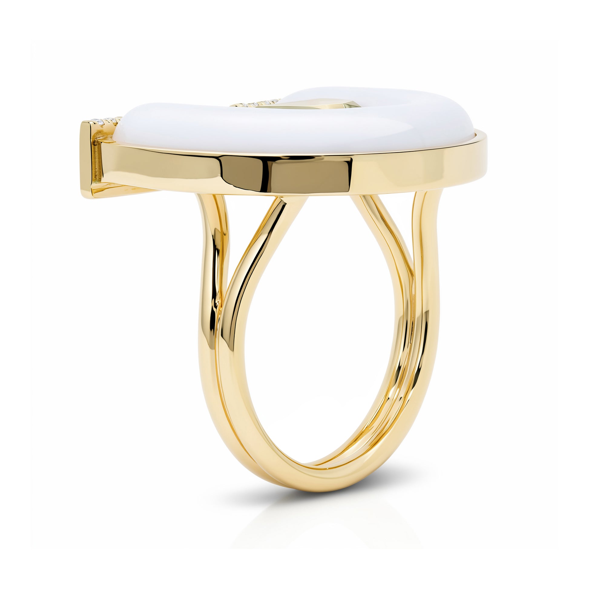 Sig Ward Jewelry Horseshoe Ring With Prasolite, White Mother of Pearl and Diamonds side view