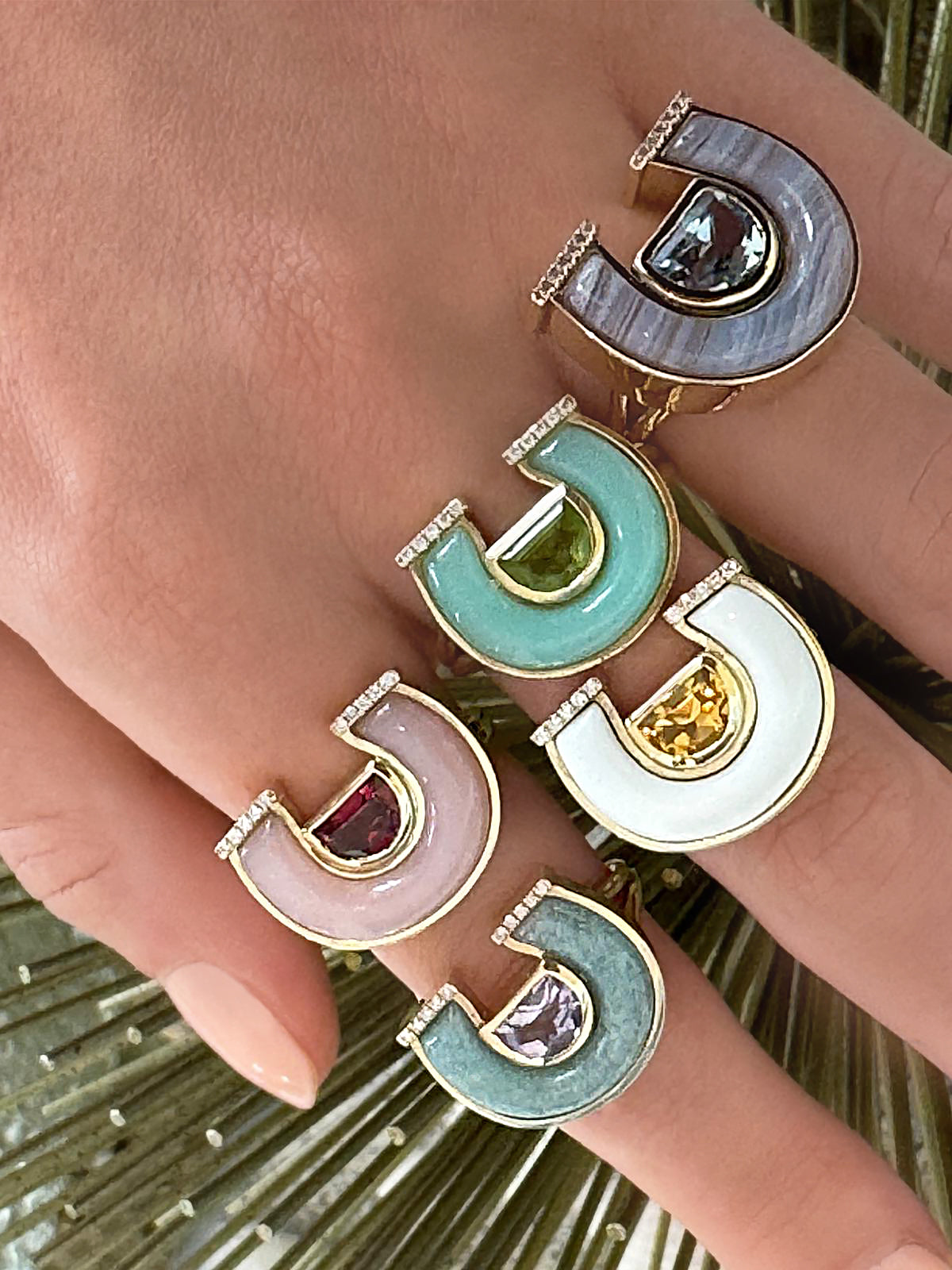 Sig Ward Jewelry 14K Yellow Gold Medium Topaz, Lace Agate and Diamond Horseshoe Ring on model