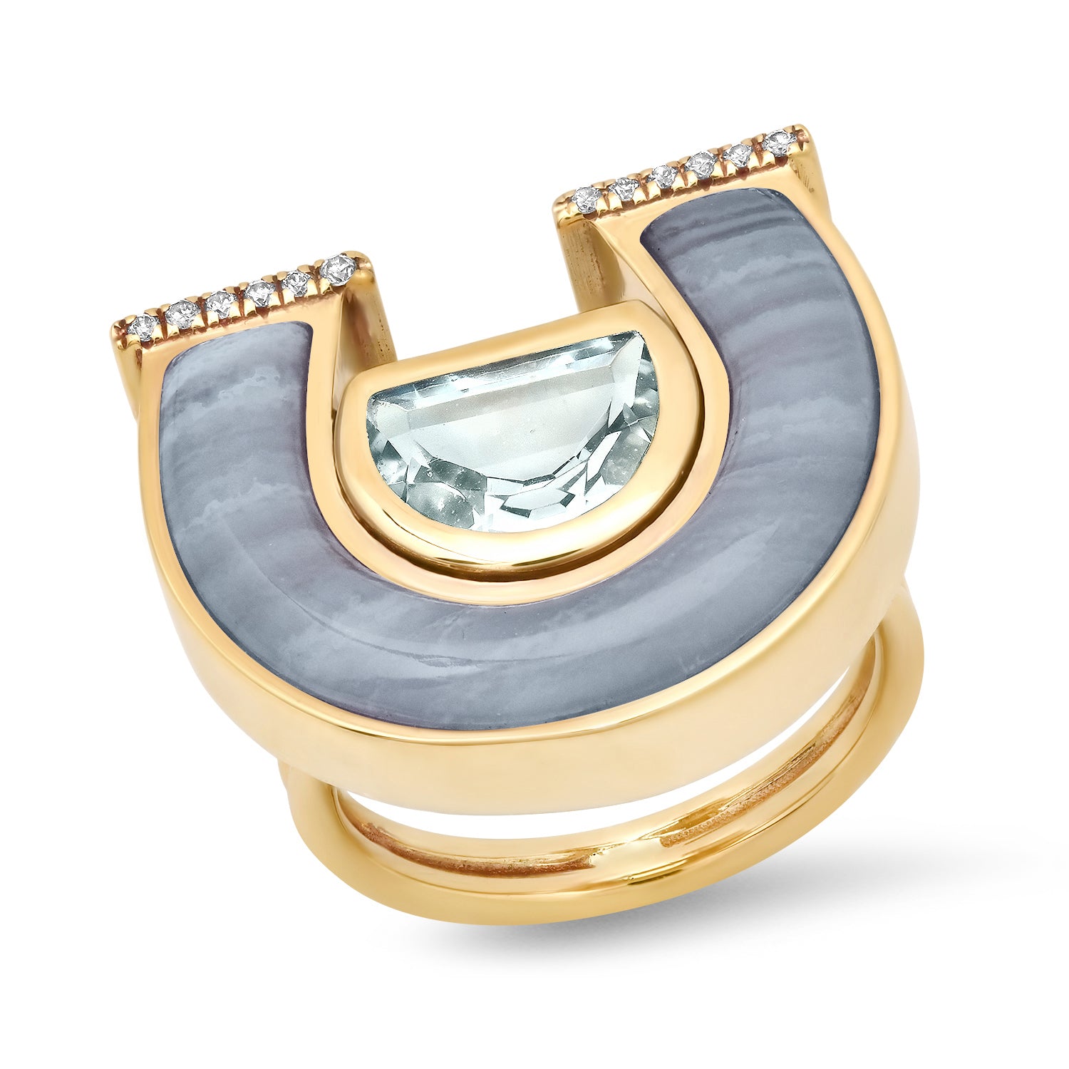 14K yellow gold Medium Topaz, Lace Agate, and Diamond Horseshoe Ring by Sig Ward Jewelry, featuring a natural topaz gemstone, lace agate inlay, and diamond accents in an elegant horseshoe-inspired ring design.