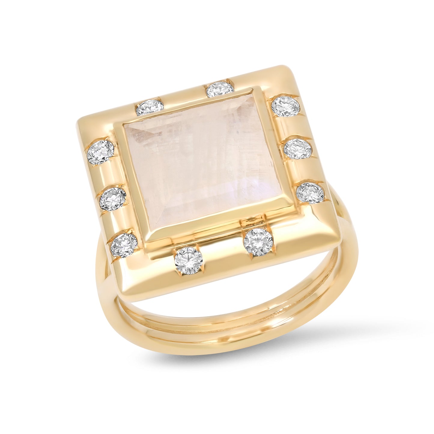 14K YG Moonstone and Scattered Diamond Ring by Sig Ward Jewelry, a luxury fine jewelry piece with a glowing moonstone center and delicate diamond accents.