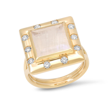 14K YG Moonstone and Scattered Diamond Ring by Sig Ward Jewelry, a luxury fine jewelry piece with a glowing moonstone center and delicate diamond accents.