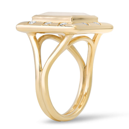 Sig Ward Jewelry 14K yellow gold Moonstone and Scattered Diamond Ring 715 featuring a luminous moonstone gemstone accented with scattered diamonds for an elegant luxury look.