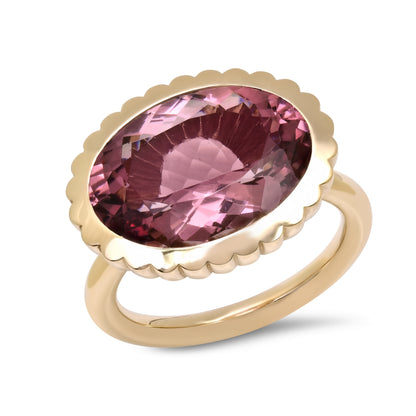 Front view of the 14K yellow gold Morganite Omega Ring by Sig Ward Jewelry, featuring a natural morganite gemstone in a modern sculptural Omega design.