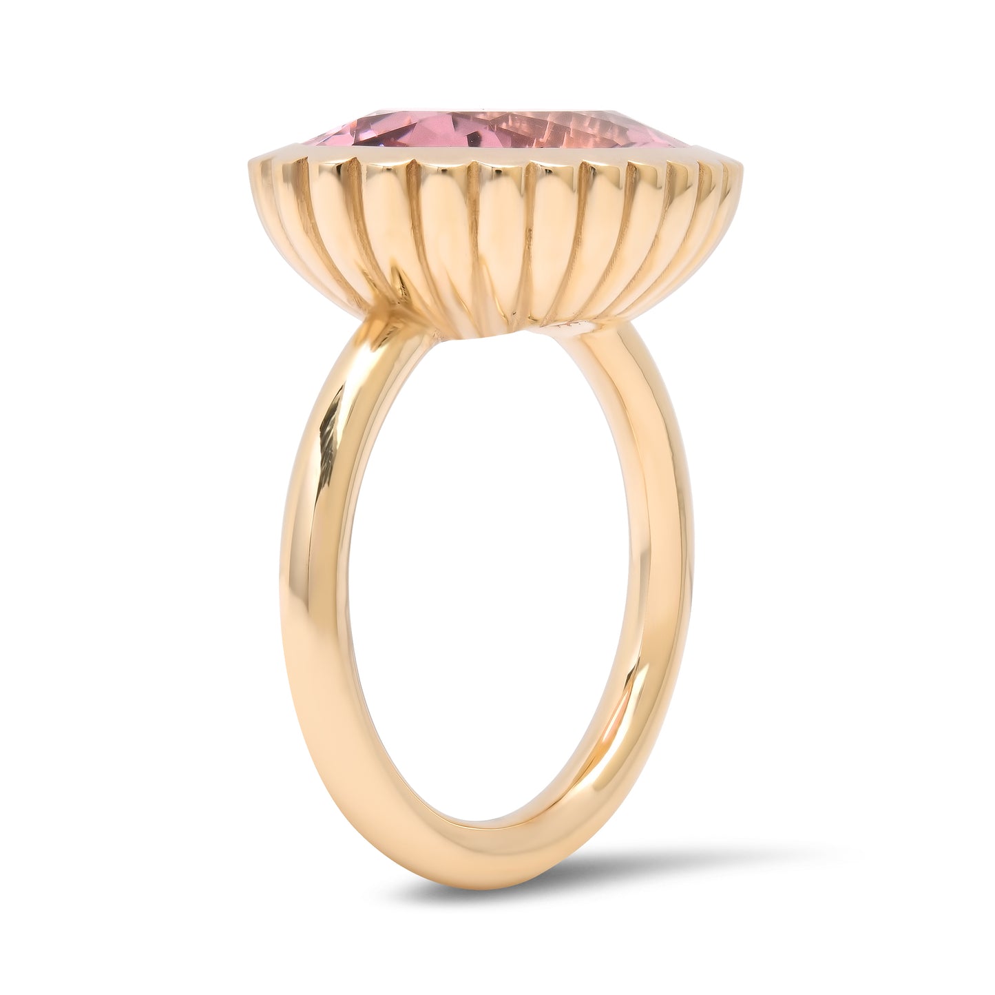 Side view of the 14K yellow gold Morganite Omega Ring by Sig Ward Jewelry, featuring a natural morganite gemstone in a modern sculptural Omega design.