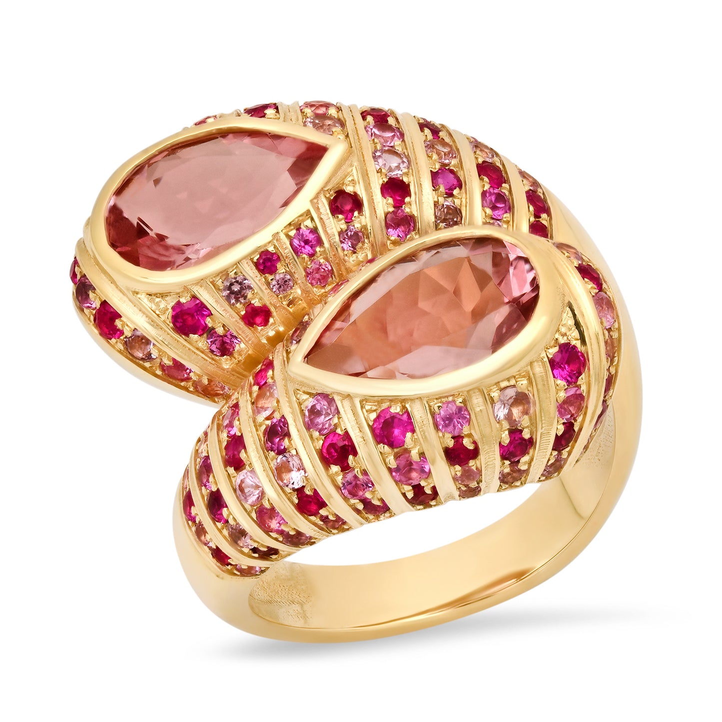 Sig Ward Jewelry 14K YG Morganite and Pink Sapphire Moi et Toi Ring featuring a romantic pairing of morganite and pink sapphire gemstones set in luxurious yellow gold for an elegant and timeless jewelry design.