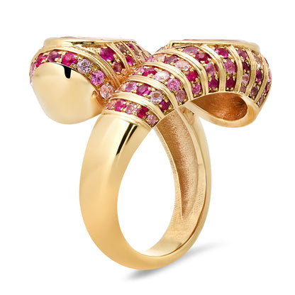 Sig Ward Jewelry 14K YG Morganite and Pink Sapphire Moi et Toi Ring featuring a romantic pairing of morganite and pink sapphire gemstones set in luxurious yellow gold for an elegant and timeless jewelry design.