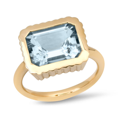 Sig Ward Jewelry 14K yellow gold Omega Aquamarine Ring 713 featuring a stunning aquamarine gemstone with a sophisticated modern luxury ring design.