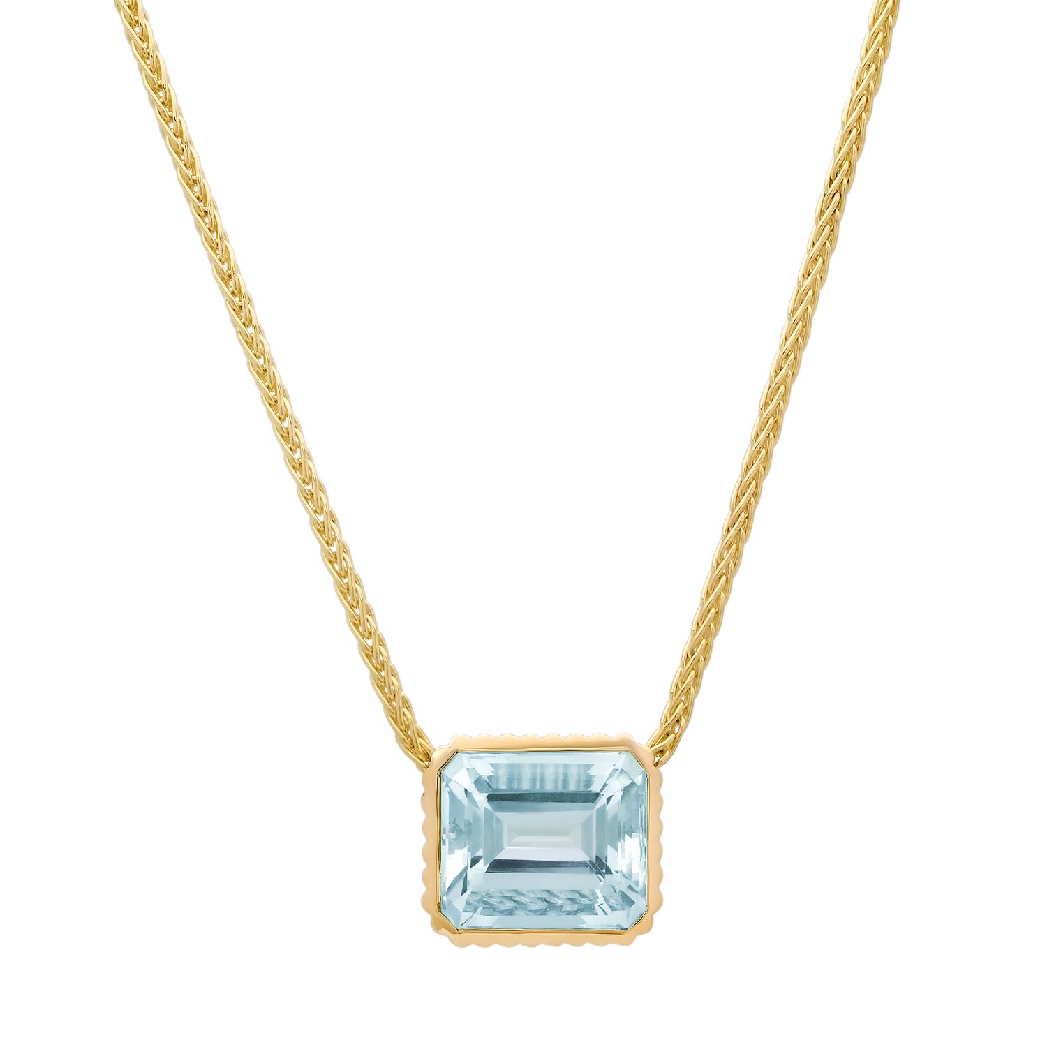 Sig Ward Jewelry 14K YG Omega Bezel Aquamarine Necklace featuring a bezel-set aquamarine gemstone with a sleek yellow gold omega chain design for an elegant luxury jewelry look.