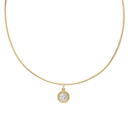 Close-up of the Sig Ward Jewelry 14K yellow gold Omega Brilliant Round Cut Diamond Solitaire Collar featuring a brilliant round-cut solitaire diamond in a sleek, modern luxury necklace design.