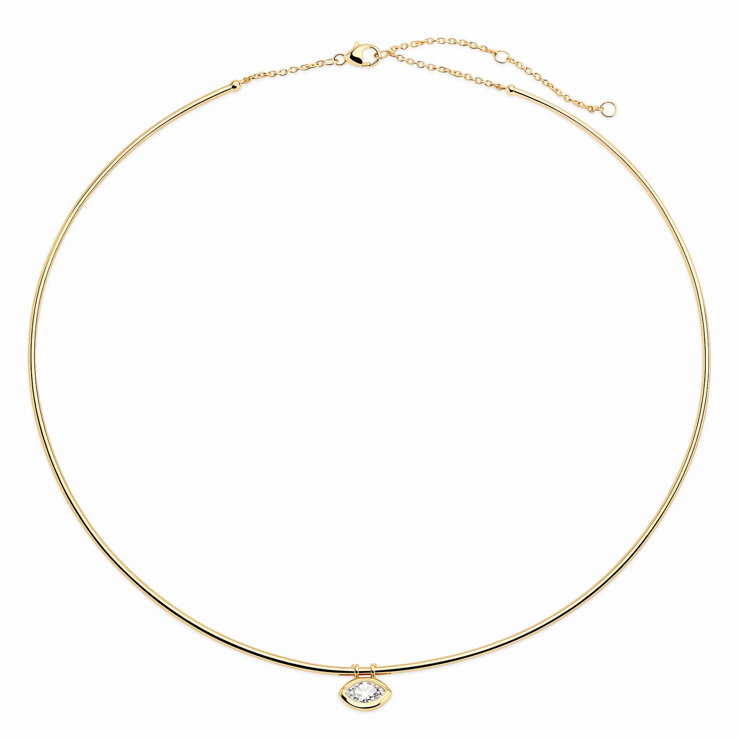 Sig Ward Jewelry 14K yellow gold omega collar necklace featuring a marquise-cut solitaire diamond.