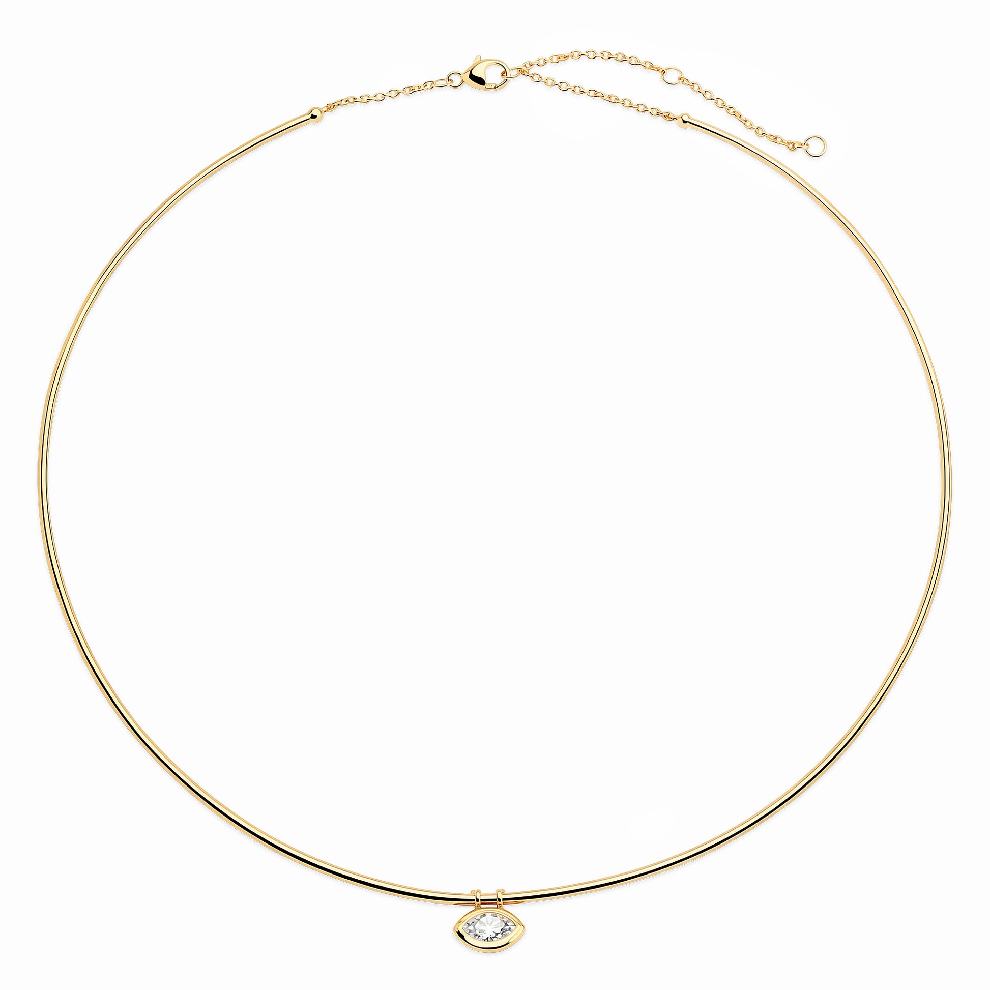 Sig Ward Jewelry 14K yellow gold omega collar necklace featuring a marquise-cut solitaire diamond.
