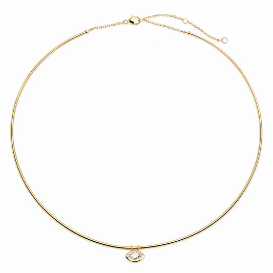 Sig Ward Jewelry 14K yellow gold omega collar necklace featuring a marquise-cut solitaire diamond.