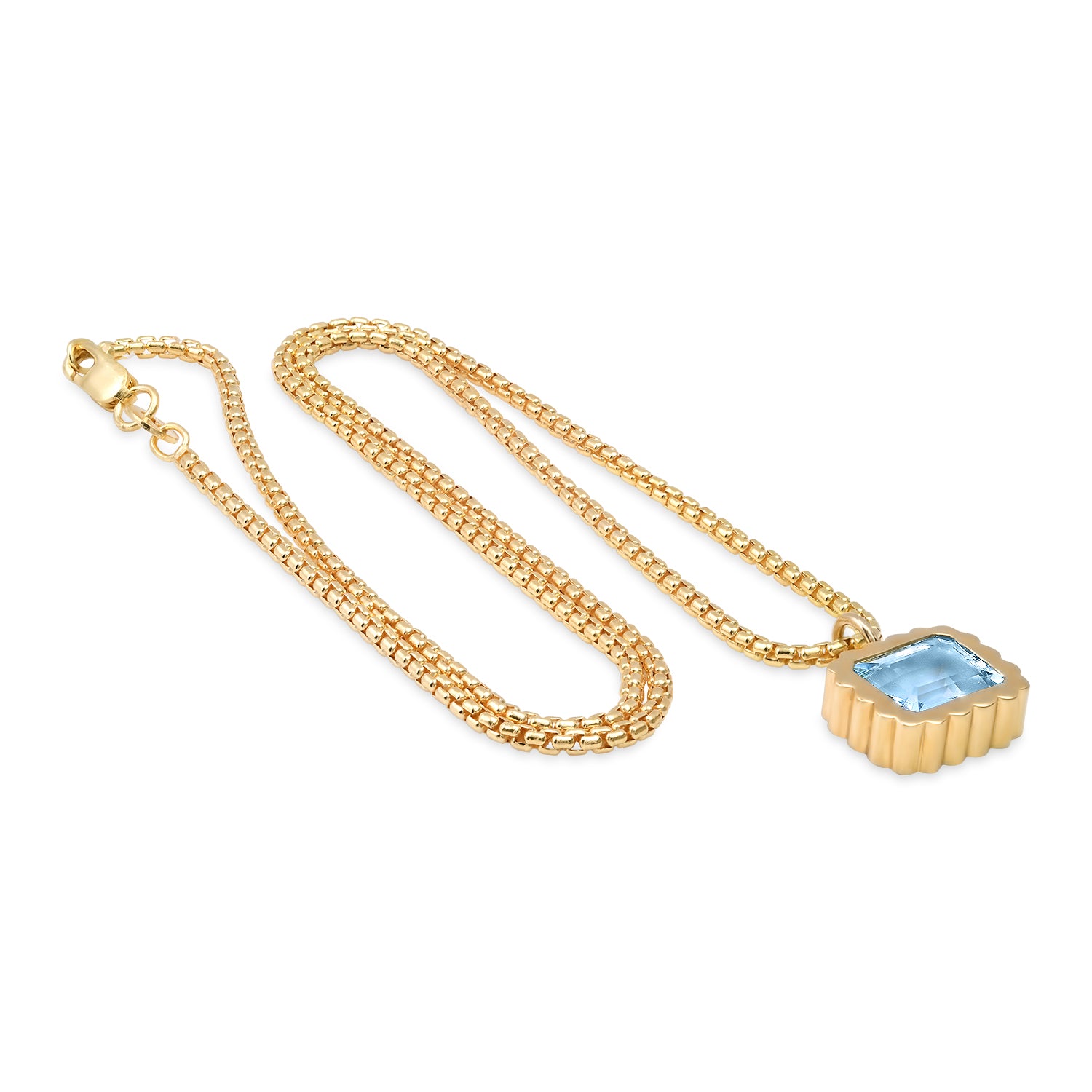 Sig Ward Jewelry 14K YG Orbis Asscher Cut Diamond Solitaire Necklace featuring a bezel-set Asscher cut diamond pendant on a yellow gold chain.